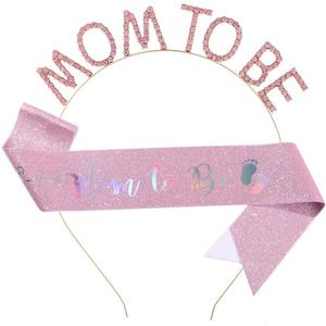Mom to be Baby Shower Decorations, Sash and Tiara Set Mother to be Crown Mom to be Pin Maternity Gift for Her, for Gender Reveal and Baby Girl Showers, (Pink)