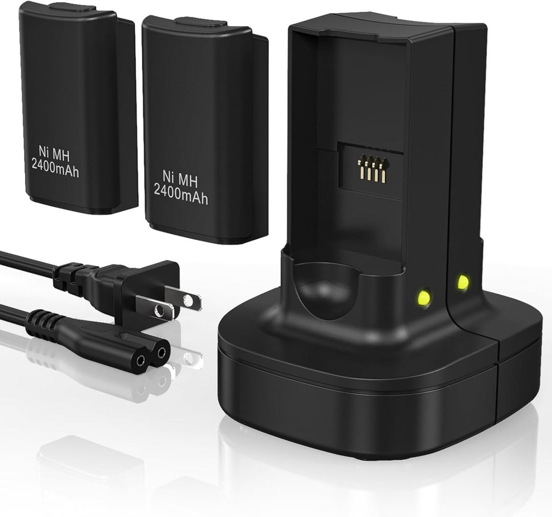 KEKUCULL Rechargeable Battery for Xbox 360 Controller, Charger Dual Charging Station Dock with 2 Pack Rechargeable Battery Compatible with Xbox 360 (Black)