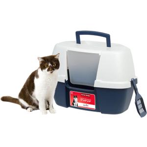 IRIS USA Corner Cat Litter Box Enclosure with Scoop, Small Cat Litter Box with Lid, Corner Litter Box Enclosure for Kittens to Medium Sized Cats, Odor Defensive Hooded Litter Tray, Navy/White