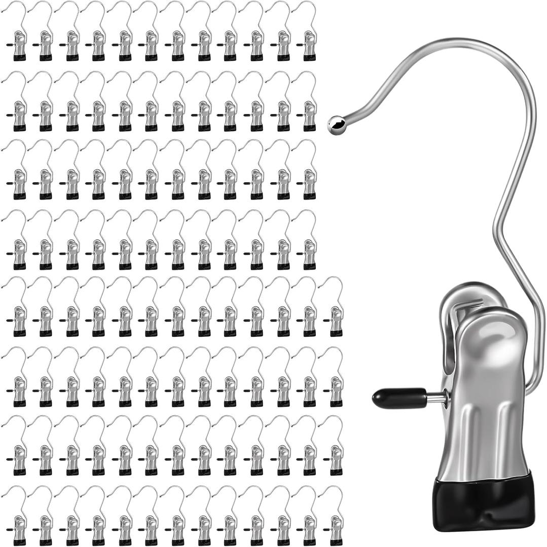 100 Pack Boot Hanger Clips Hooks, Heavy Duty Laundry Hooks with Clip, Portable Stainless Steel Clothes Pins Boot Clips for Hanging, Socks Towels Hats Pants Holder for Travel, Closet