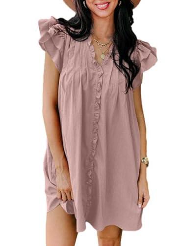 AlvaQ Womens Summer Dresses 2025 V Neck Ruffle Cap Short Sleeve Mini Dress Casual Flowy Pleated A Line Sundress with Pockets (Large)