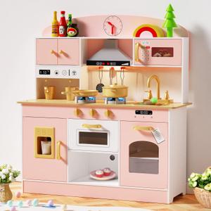Babytronic Wooden Play Kitchen Set, Pretend Play Kitchen with Lights and Sounds for Kids Ages 3+, Includes Stove, Oven, Microwave, Coffee Maker, and Accessories, Toy Kitchen Set for Toddlers (Pink)