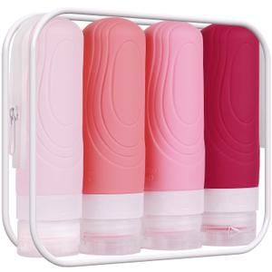 GLAMFIELDS TSA Approved Travel Bottles for Toiletries, 3oz Size Leak Proof Silicone Containers for Shampoo, Conditioner,Easy to Squeeze and Portable, Essentials for Traveling (4 Pack) Pink