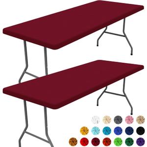 Moosfor Spandex 6 Foot Rectangle Table Cloth 2 Pack, Elastic Fitted Tablecloths for Picnic, Stretch Washable Patio Table Cover for Outdoor, Camping, Banquet and Parties (Wine Red, 30"x72")