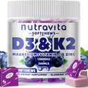 2 x Nutravita Sugar-Free Vitamin D3 K2 Chews with Calcium + K2 (MK-7), Magnesium Citrate, Vitamin C, Extra Strength - Ultimate Absorption for Bone Muscle Teeth Immune, Vegan - 60 Count-Blueberry Flavor, Exp: 03/2027