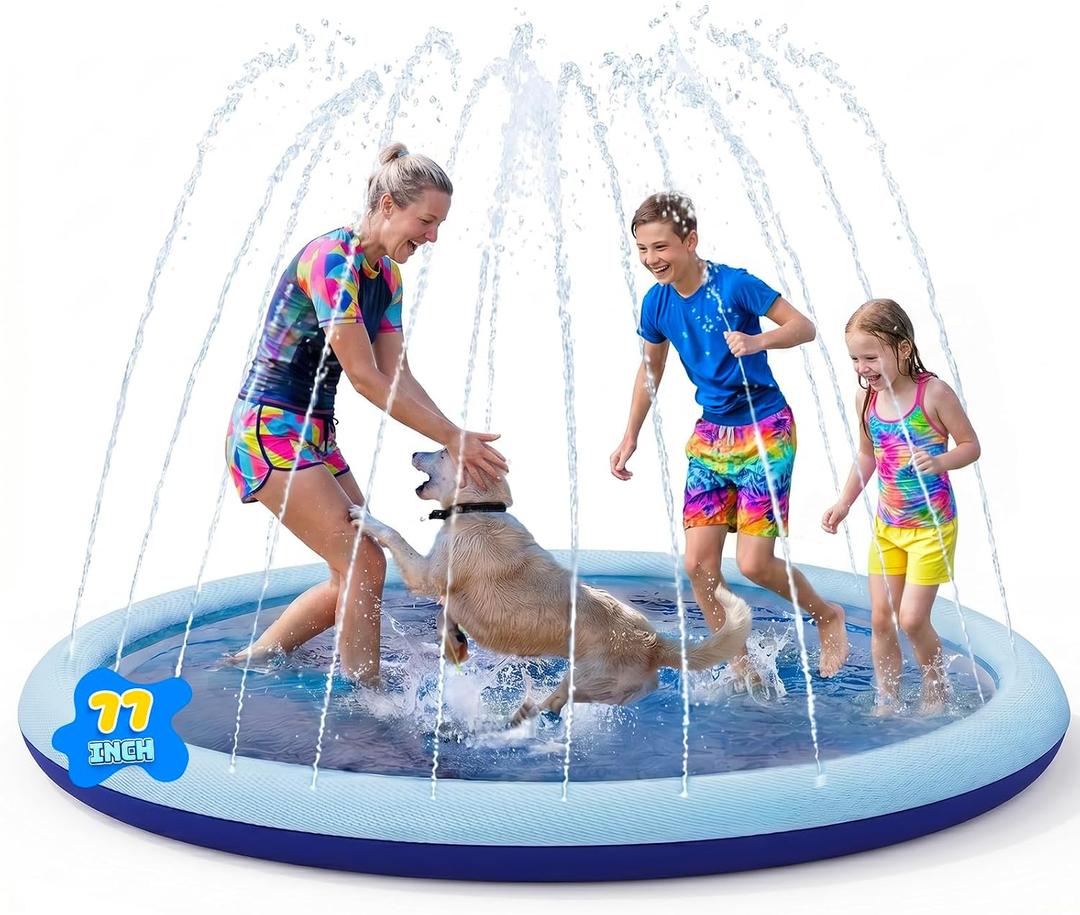 COMMOUDS Splash Pad for Kids and Dogs, Non-Slip Sprinkler Pad Thicken Pool Summer Outdoor Water Toys, Backyard Fountain Play Mat for Baby Toddlers Boys Girls Pet(77Inch)