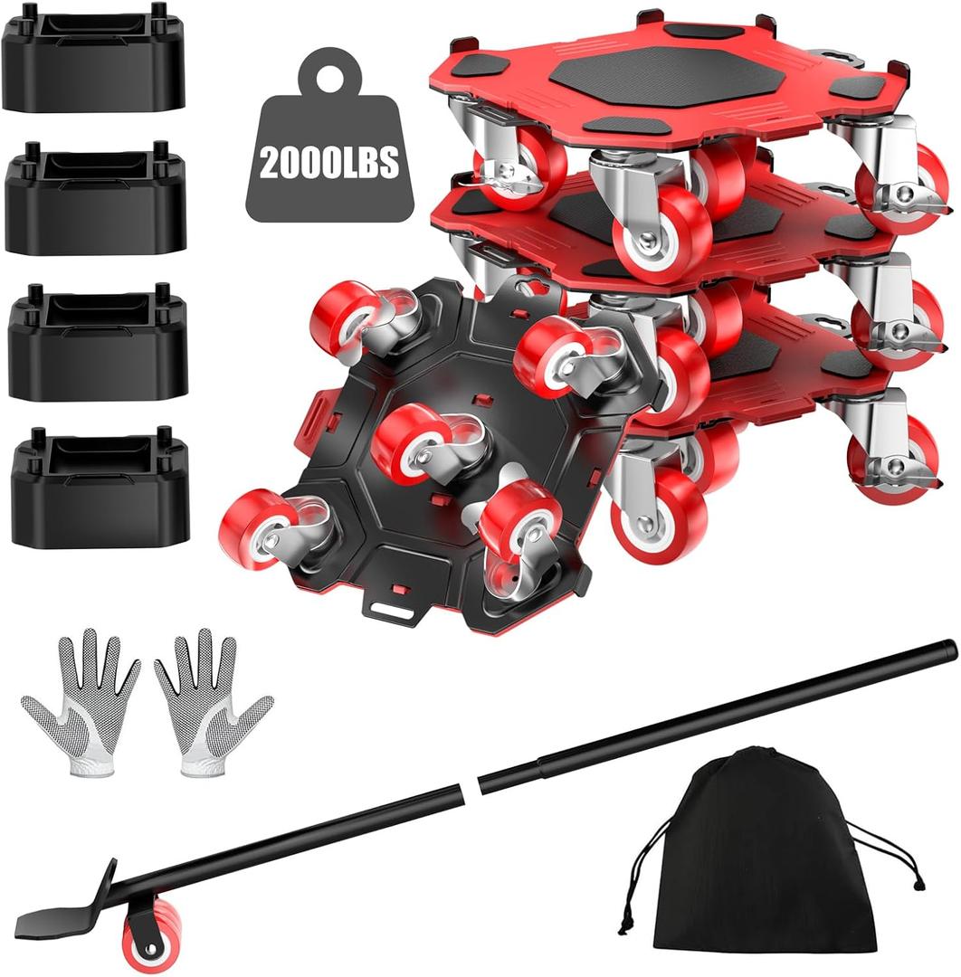 Upgraded Furniture Dolly Movers 5 Wheel Heavy Duty 3000LBS Capacity Carbon Steel Panel 360 Rotating Casters Furniture Slider for Sofa Refrigerator Piano (Red, 6in)