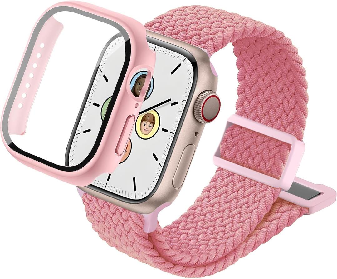 Compatible with Kids Apple Watch Band and Case 38mm 40mm 41mm 42mm 44mm 45mm, Nylon Elastic Solo Loop and Protective Cover with Screen Protector for iWatch Series 9 8 7 SE3 SE2 SE 6 5 4 3 2 1