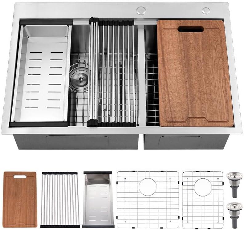 33 Inch Double Bowl Drop In Kitchen Sink Workstation-Bokaiya 33x22 Stainless Steel 60/40 Double Bowl Kitchen Sink 16 Gauge Deep Low Divide Double Sink with Cutting Board, 33 W X 22 D X 10 H