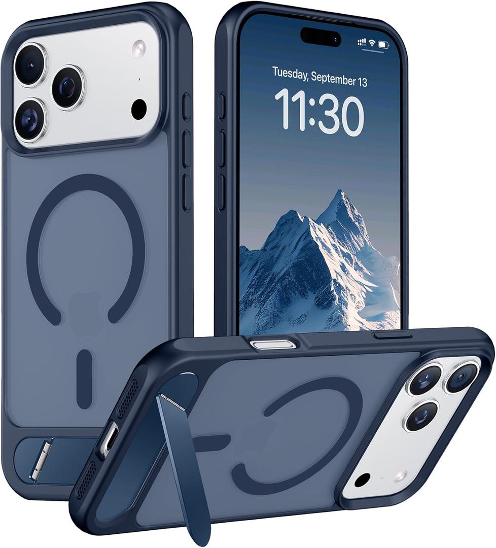 Temdan Designed for iPhone 17 Pro Case, [Built-in Invisible Kickstand][Compatible with MagSafe][Military Grade Shockproof] Slim Translucent Matte Phone Case 6.3 inch (Blue)