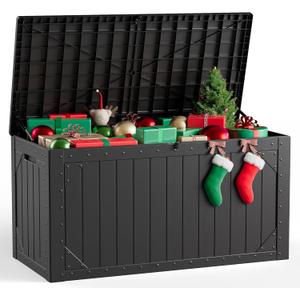 Outdoor Storage Box,100 Gallon Deck Box Outdoor Storage Bench Outside Waterproof Resin Storage Bench, Lockable Patio Cushions, Garden Tools Storage For Furniture, UV Resistant, Black