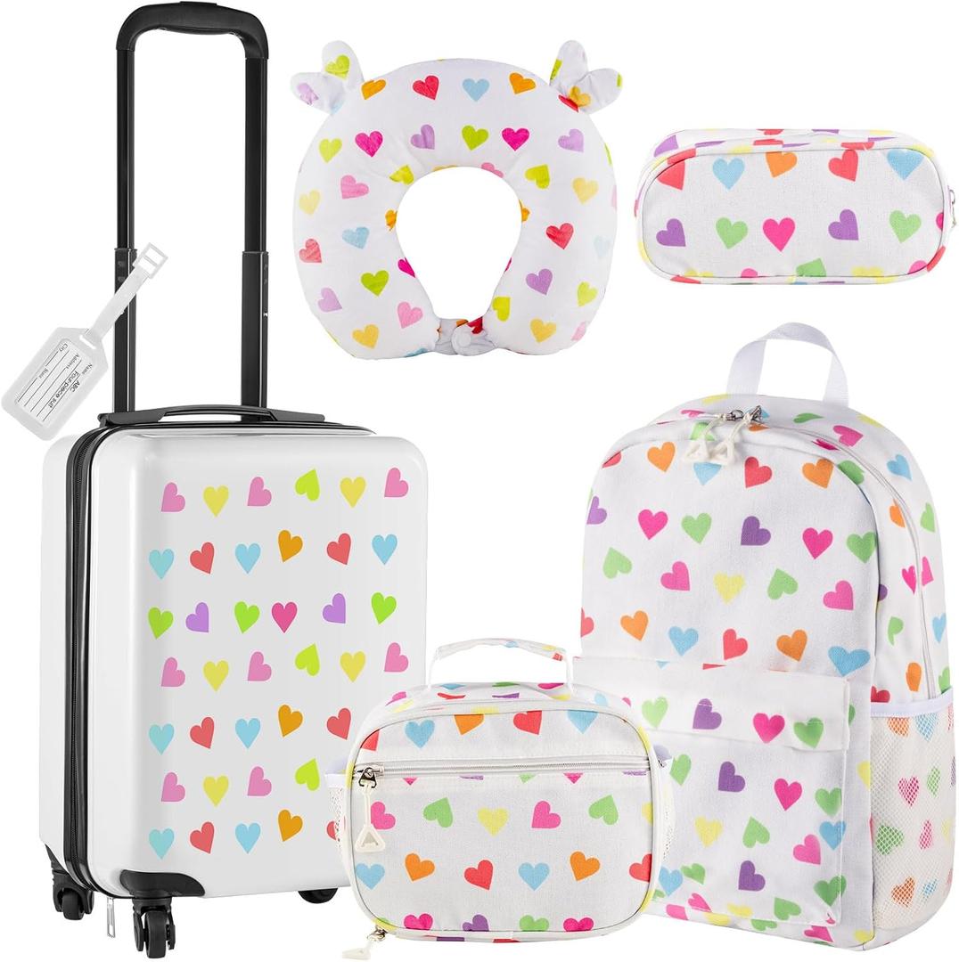 Redbaker 6 Pcs Kids Luggage Set 17 Inch Kids Rolling Luggage Double Pattern Suitcase for Girls Boys School Gift (White,Love Style)