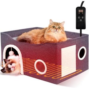 Indoor Heated Cat House, Adjustable Temperature Cat Heating Bed with Timer and Chew Resistant Cord, Large Cat House with Heating Pad for  Medium Cats