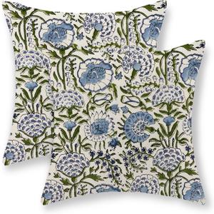Boho Navy Blue Pillow Covers 18x18 Inch Set of 2 Blue Sage Green Floral Throw Pillows Vintage Flower Outdoor Decorative Pillow Cases Farmhouse Linen Cushion Cover Decor for Couch Sofa Decor