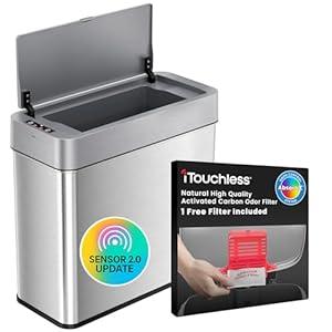 iTouchless 4 Gallon Sensor 2.0 Technology Bathroom Trash Can with AbsorbX Odor Filter, Left-Opening Lid, Slim Stainless Steel Automatic Bin for Home Office Bedroom Living Room Store Business School