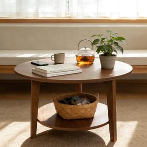 2-Tier Round Coffee Table Wood Nesting Side Table (Walnut, 28x28x18)