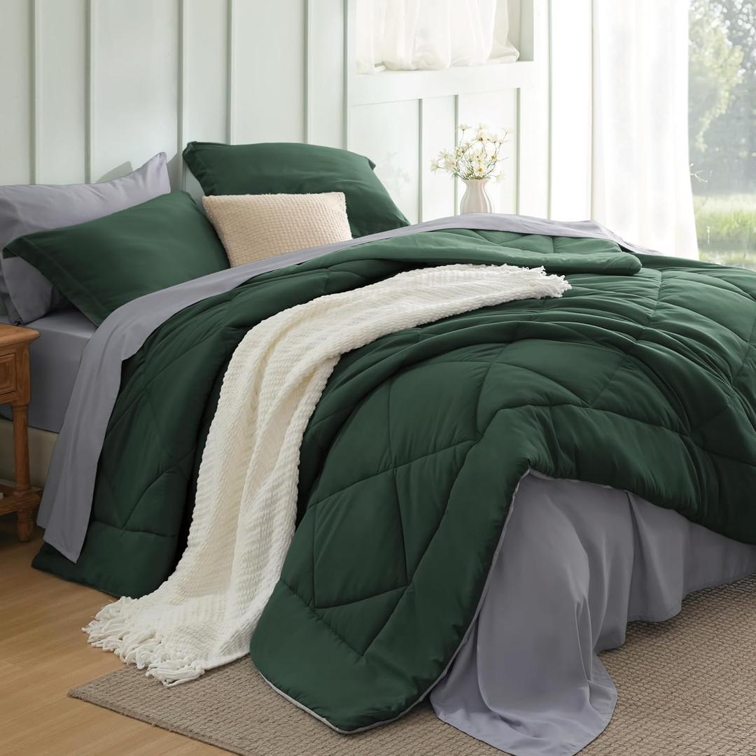Bedsure Queen Comforter Set - 7 Pieces Reversible Forest Green Bedding, Queen Size Bed Set for All Seasons, Bed in a Bag with Down Alternative Comforter, Sheets, Pillowcases & Shams
