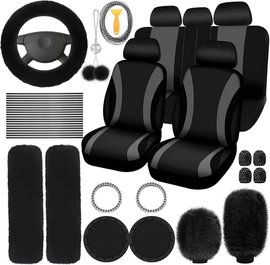 ROCEEI 43 Pcs Fuzzy Black Car Seat Cover Full Set for Women Christmas Plush Car Accessories Fluffy Steering Wheel Cover Front Rear & Belt Handbrake Shift Accessory for Winter