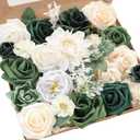 Floroom Olive Green Artificial Flowers Forest Green Fake Roses Peonies Dahlia Greenery Combo Box Set for DIY Wedding Bouquets Bridal Shower Centerpieces Floral Arrangement Party Tables Home Decoration