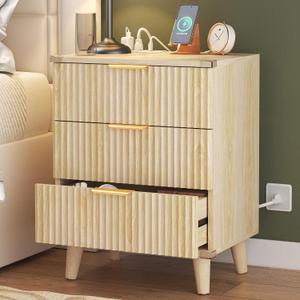 Wood 3 Drawers Dresser w/Charging Station, Modern Fluted Night Stand