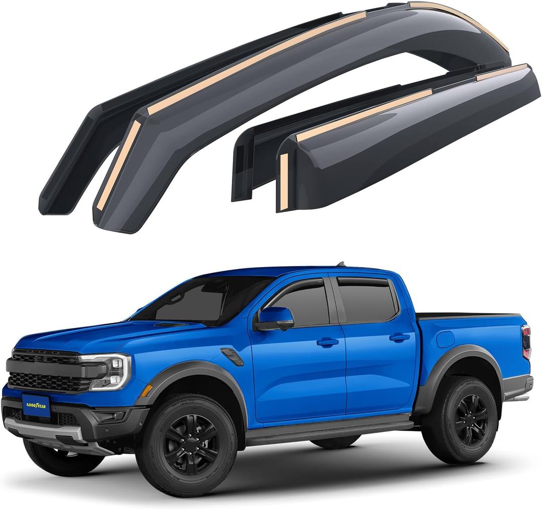 Goodyear Shatterproof in-Channel Window Deflectors for Ford Ranger 2024-2025 Super Crew, Rain Guards, Window Visors for Cars, Vent Deflector, Car Accessories, 4 pcs - GY008018