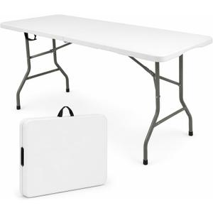 HAISIWLKJ Folding Table 6 FT Lightweight Camping Table White Portable Plastic Rectangular Outdoor Dining Table Steel Legs Fold-in-Half with Carrying Handle for Indoor,Picnic,Party,Wedding,Events