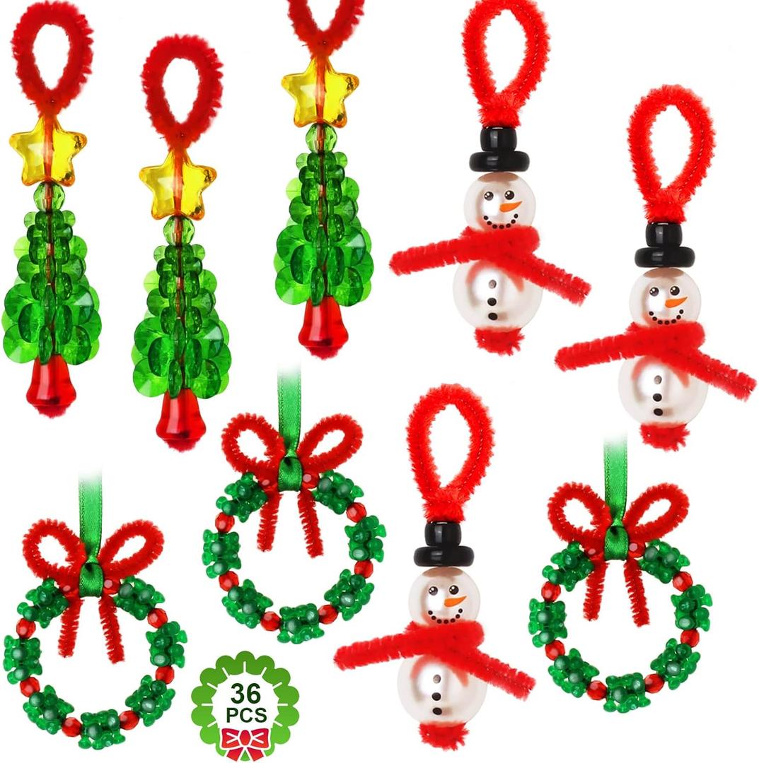 GYGOT Christmas Crafts,36 Sets Beaded Ornament Kit-Including 12 PCS Snowman/12 PCS Christmas Tree/12 PCS Wreath,Xmas Party Holiday Craft Tree Decorations (Assembly Needed)