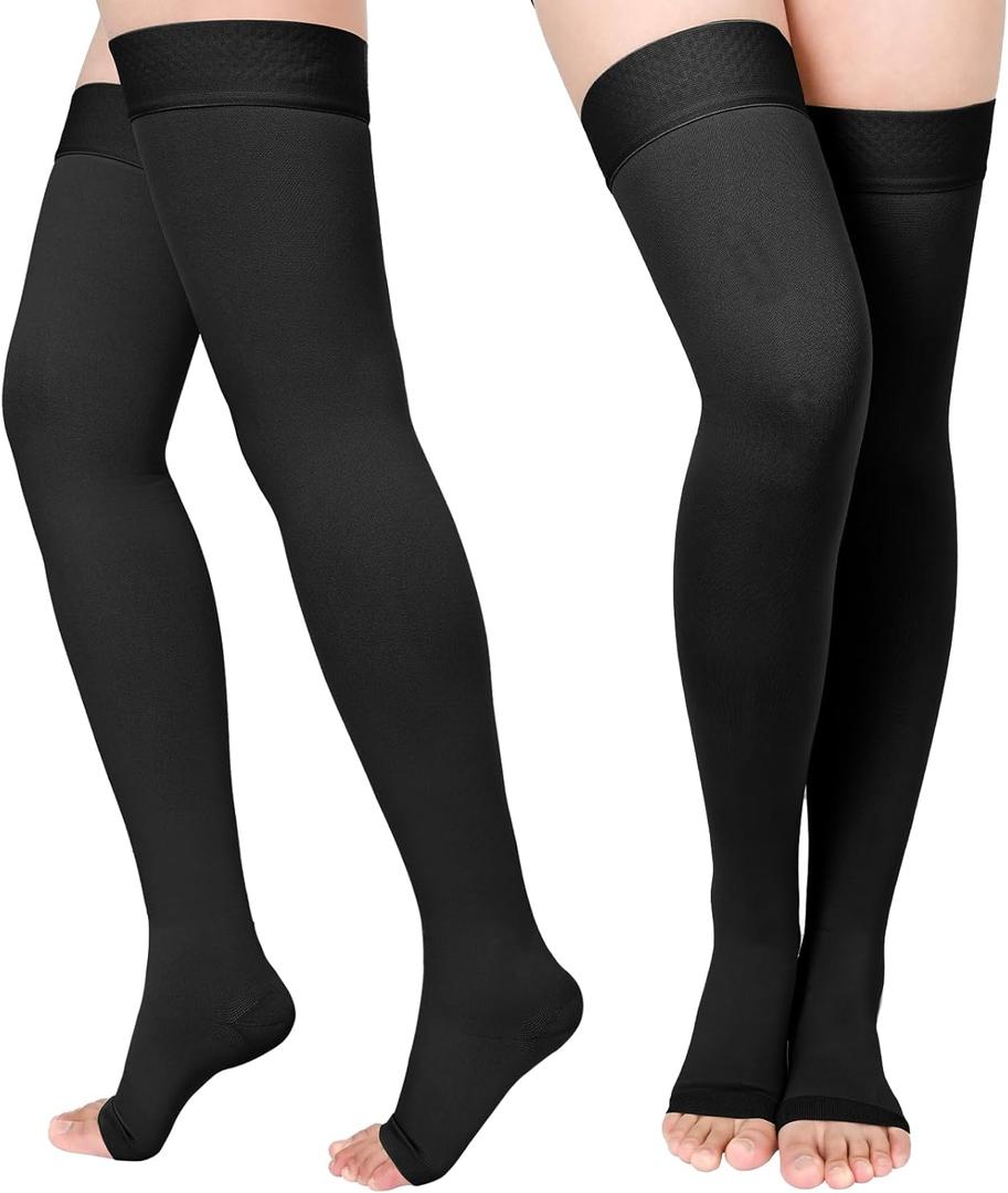 Compression Stockings for Women & Men, 2 Pairs 15-20mmHg Thigh High Compression Socks for Varicose Veins, Swelling, Pregnant (XX-Large, Open Toe/Black/2 Pair)