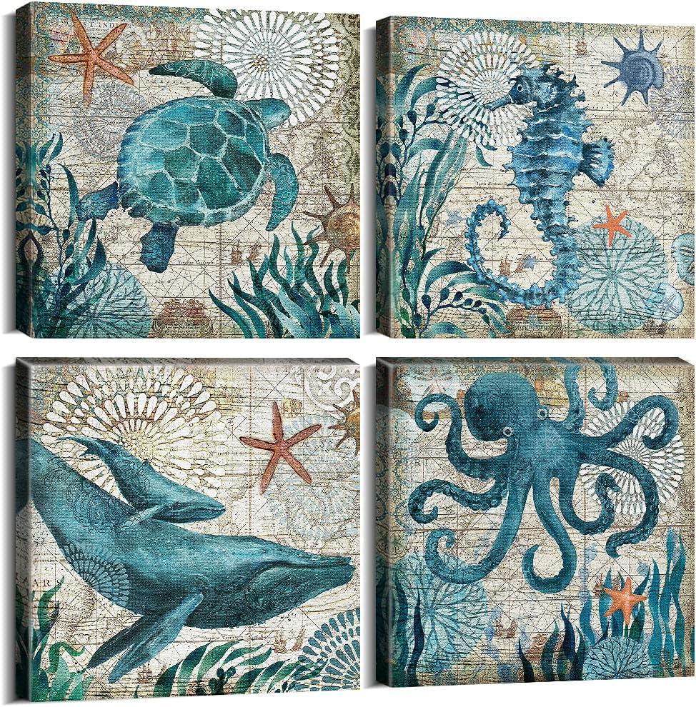Bathroom Wall Art Beach Decor Ocean Sea Turtle Octopus Canvas Pictures Coastal Room Decor Teal Bathroom Accessories Vintage Whale Seahorse Poster Modern Nautical Painting Bedroom Home Decorations (12x12in)