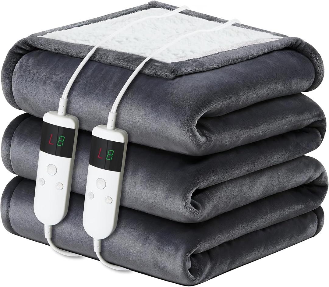 Electric Heated Blanket King Size 90''x100'' Soft Flannel & Sherpa Electric Blanket with 10 Heating Levels, Automatically Shut Down After 8h with Overheat Protection Machine Washable (Dark Grey)