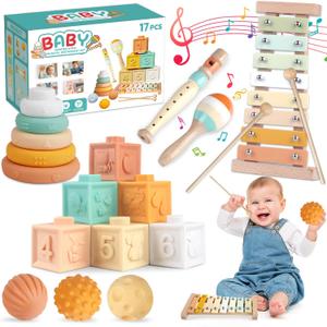 Montessori Baby Toys for 6-12 Months 1+ Year Old 6 in 1 Musical Instruments for Toddler Stacking Blocks Rings Development Learning Educational Toy with Wooden Xylophone for 1 Year Old Boys Girls