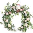 Ling's moment Flower Garland - 6FT Eucalyptus & Rose - Sweetheart Table Decor for Wedding Reception, Artificial Floral Garland for Mantle, Thanksgiving, Christmas Decoration, Blush Powder Blue