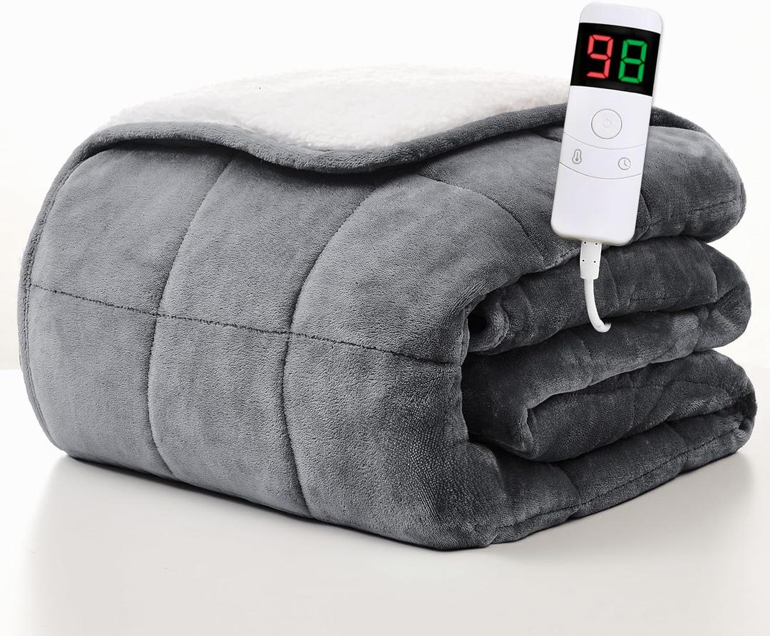 Homemate Heated Weighted Blanket for Adults - 50"x60" 10lbs Electric Throw Fast Heating Heavy Blanket 1/2/4/6/8 Hour Auto Off 10 Heat Levels Over-Heat Protection Soft Flannel Sherpa (01 - Light Grey)