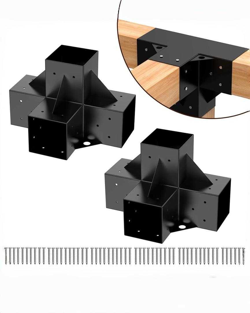 Pergola Brackets Kit 6x6'' (Inner Size 5.6x5.6), 2PCS 4way Heavy Duty Gazebo Brackets Right Angle Corner Bracket Woodwork DIY Pergola Kit with Black Powder Coated Support for Patio Pergolas, Log Cabin