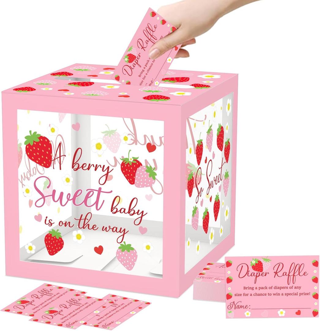 51Pcs Strawberry Diaper Raffle Tickets with Box for Baby Shower Games, A Berry Sweet Baby Is On The Way Diaper Raffle Card Box for Gender Reveal Raffle Party Decoration Clear Card Boxes