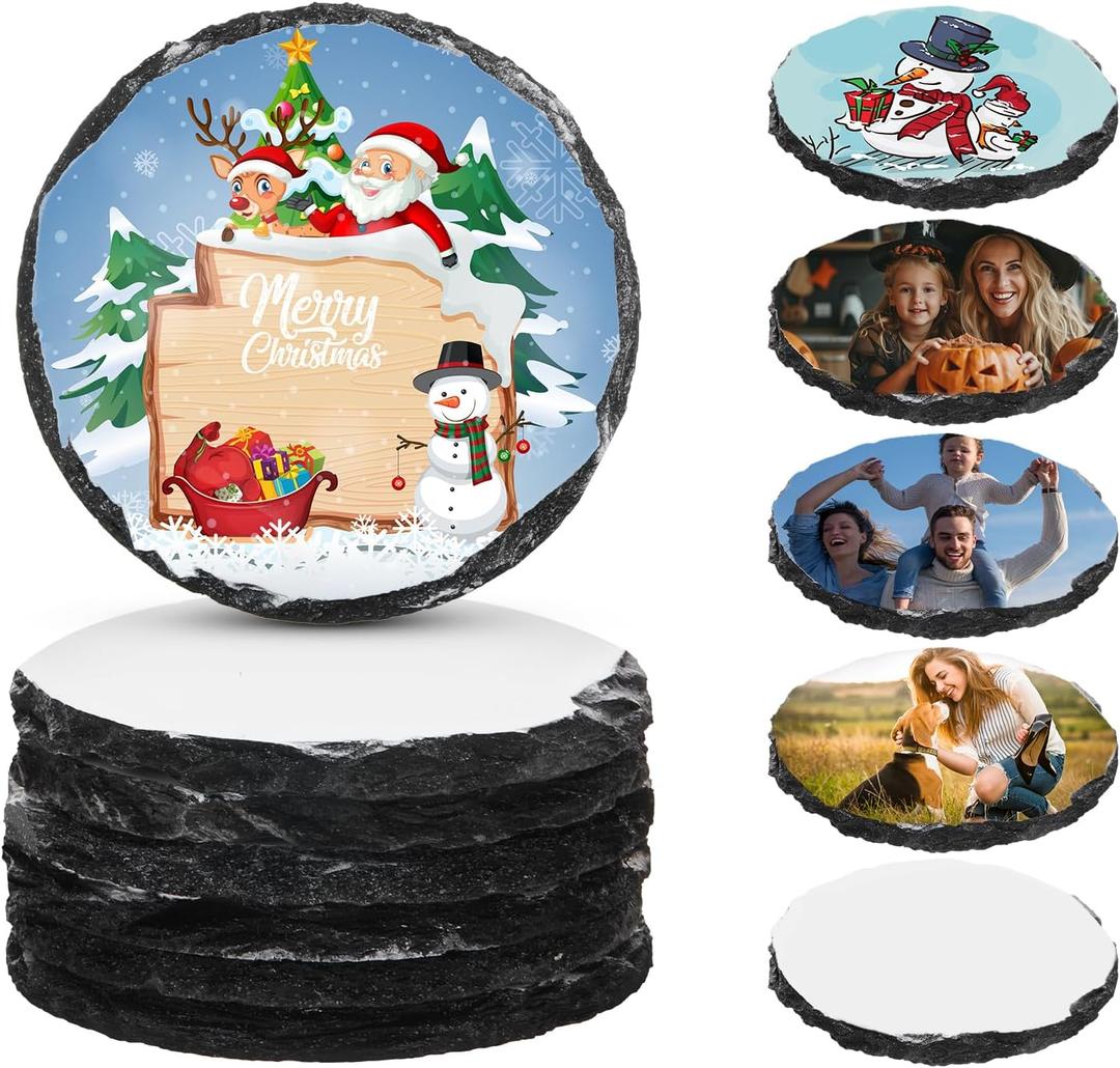Patelai 6 Pcs Sublimation Slate Blank Coasters, 3.55 Inch Slate Coasters, Personalized Heat Thermal Transfer DIY Sublimation Blanks for House Warming Gifts Office Bar Table Custom (Round)