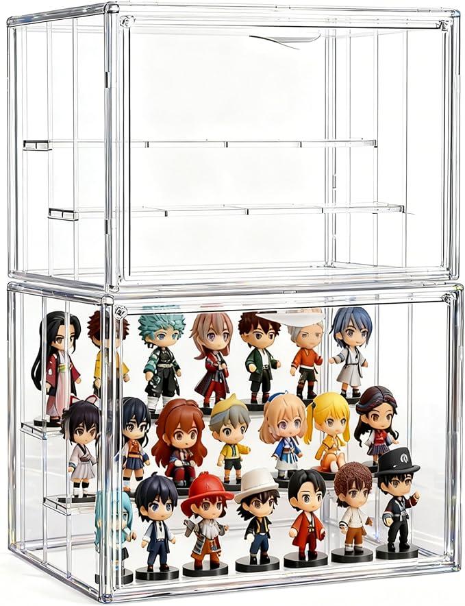 Attelite Acrylic Display Case for Collectibles, 3 Tier Figure Display Cases with 2 Movable Dividers, Clear Stackable Display Box Showcase with Magnetic Door for Action Figures