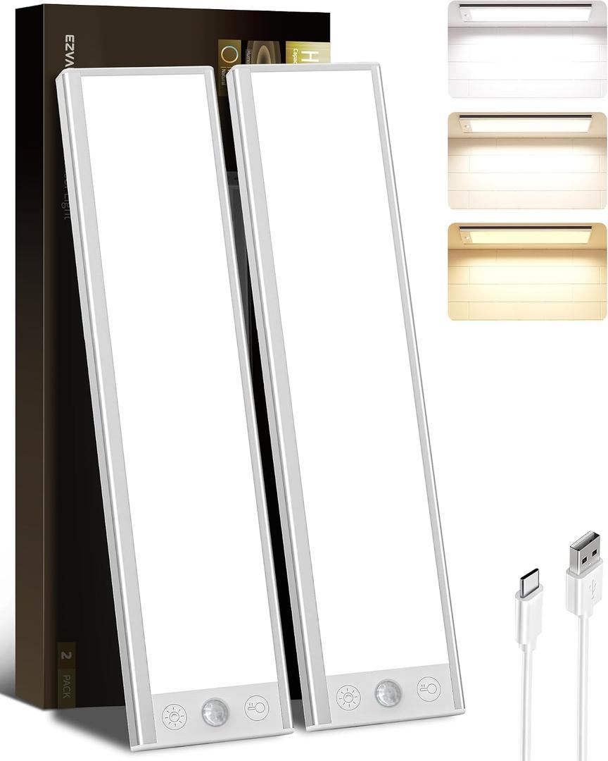 EZVALO 250LM Super Bright Under Cabinet Lighting Wireless, 8000mAh Rechargeable Battery Motion Sensor Light Indoor, Dimmable Under Counter Lights for Kitchen, 3-Inch Ultra-Wide Panel Closet Light
