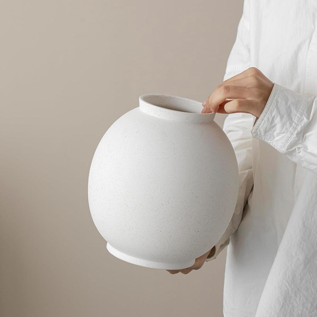 Minimalist White Ceramic Farmhouse Vase, Rustic Design for Home and Living Room Decor, Table, Bathroom, Holiday & Weddings (Ball-White)