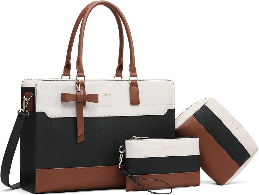Keyli 3pc Sets Laptop Bag Work Bags for Women, 15.6 Inch Laptop Tote Bag Purses Waterproof Vegan Leather Computer Briefcase Professional Business Shoulder Handbags for Teacher Office Travel White Brown