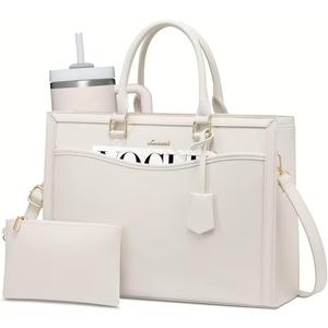 LOVEVOOK Laptop Tote Bag for Women, Office Work Bag Briefcase fit for 15.6 inch Laptop, Large Capacity Teacher Bag Handbag (Leather/Beige)