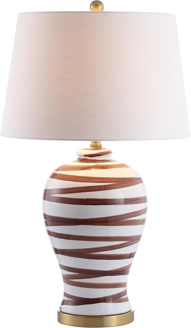 JONATHAN Y 29" Brown/White Ceramic Table Lamp for Living Room Bedroom Office, Modern Coastal Bedside Lamp with White Linen Shade, Traditional Nightstand Lamp, LED Bulb (JYL3016B)