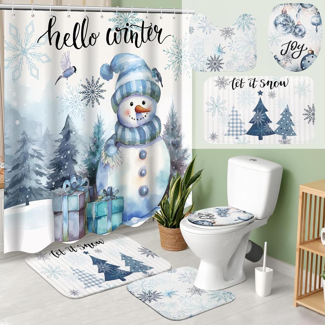 4 Pcs Christmas Shower Curtains Set with Non Slip Rug Winter Christmas Bathroom Decor Toilet Lid Cover and Bath Mat Snowman Shower Curtain with 12 Hooks for Xmas Bathroom Decor(White,Fresh)