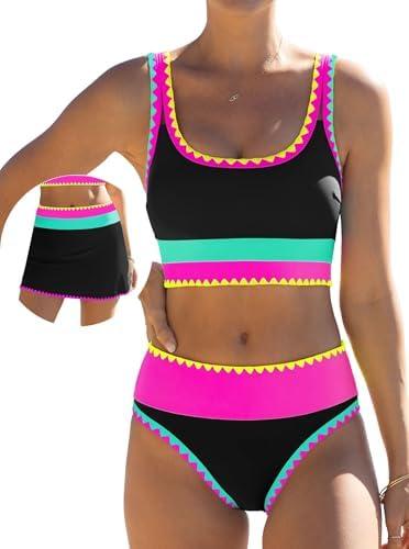 popvil High Waisted Bikini Sets for Women Tummy Control Swimsuits 3 Piece Bathing Suits Neon Swimwear with Skirt 2026 Size L