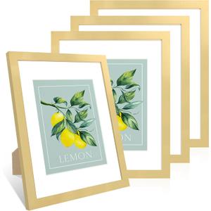 11x14 Picture Frame Set of 4, 11 x 14 Wood Photo Frames with Mat for 8x10, Wooden Frame with Real Glass Cover for Wall and Tabletop Display,Gold