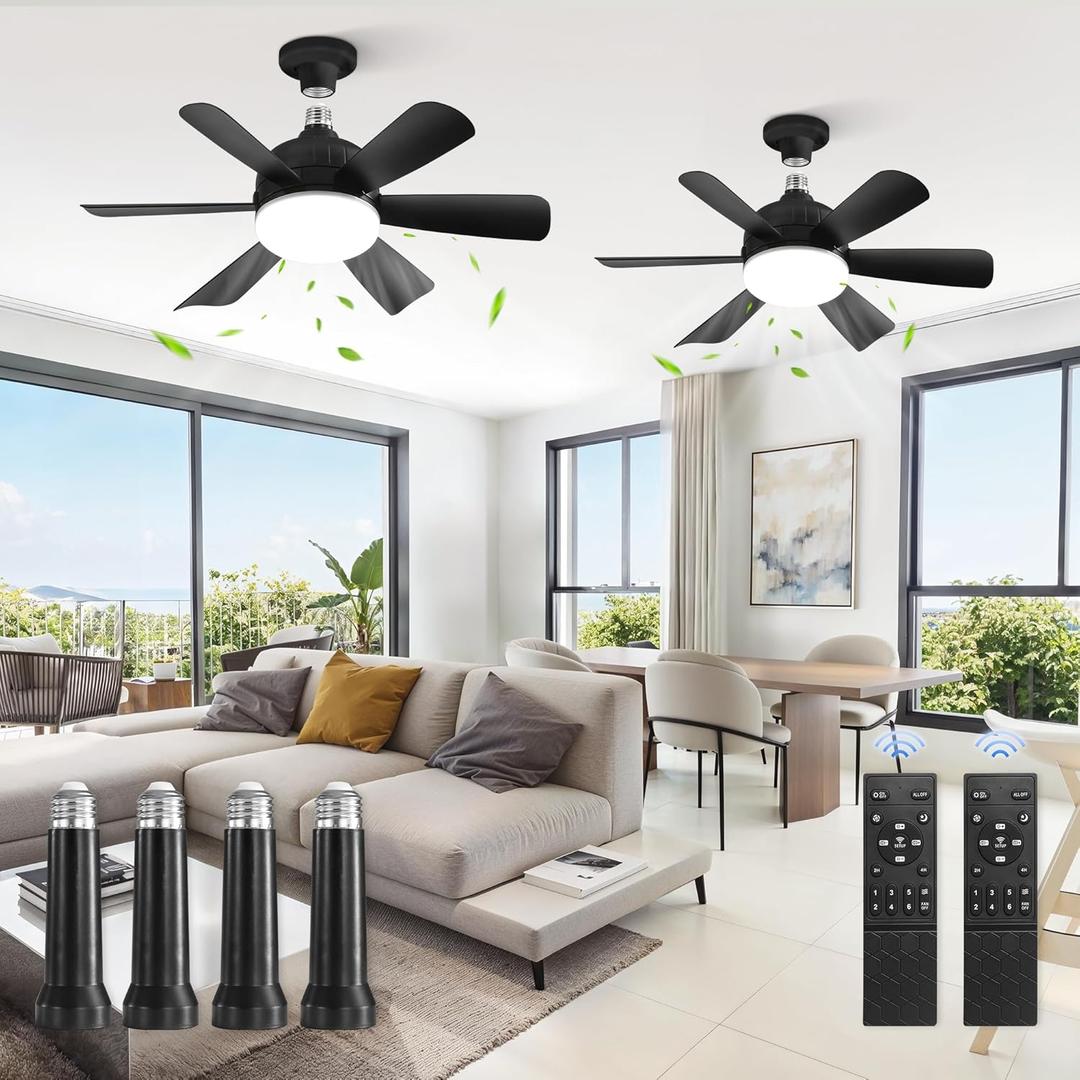 2 Pack 17.9 Inch Socket Fan Light with Remote, Dimmable 3 Colors 6 Speed 1100 Lumens Light Bulb Fan Screw in Ceiling with Lights, Light Socket Ceiling Fan for Bedroom -Black