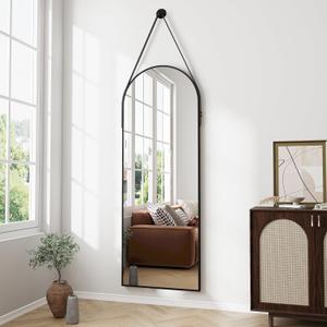 Full Length Mirror, Arched Wall Mounted Mirror, 48"x16" Door Mirrors with Hanging Leather Strap, Wall Mirrors Full Length with Aluminum Frame for Bathroom Living Room Entryway (Black)