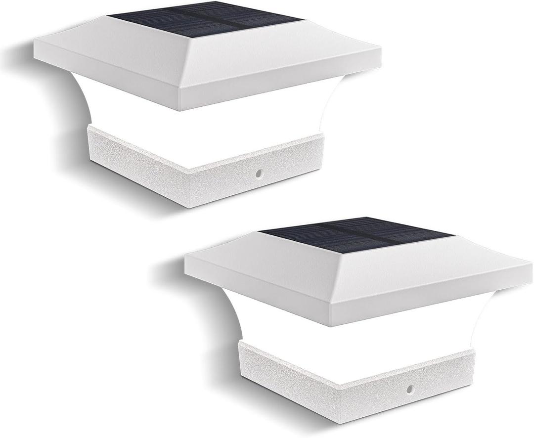 T-SUN Solar Post Cap Lights, Waterproof Outdoor Solar Powered Deck Fence Post Lights for 4 X 4 Wooden/Vinyl Posts, 6000K Cool White Lighting Decor for Deck, Patio, Garden, Porch, Fence(White - 2 Pack)