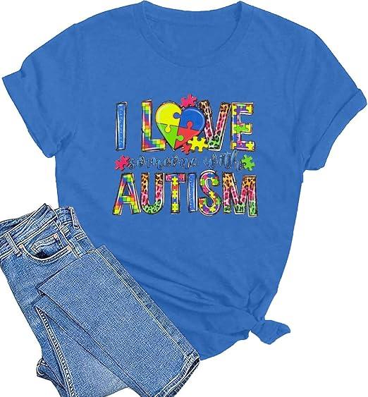 Autism Awareness Shirt Women Autistic Support Graphic Shirts Special Education Tops Casual Mental Health Short Sleeve Tee Light Blue (L)