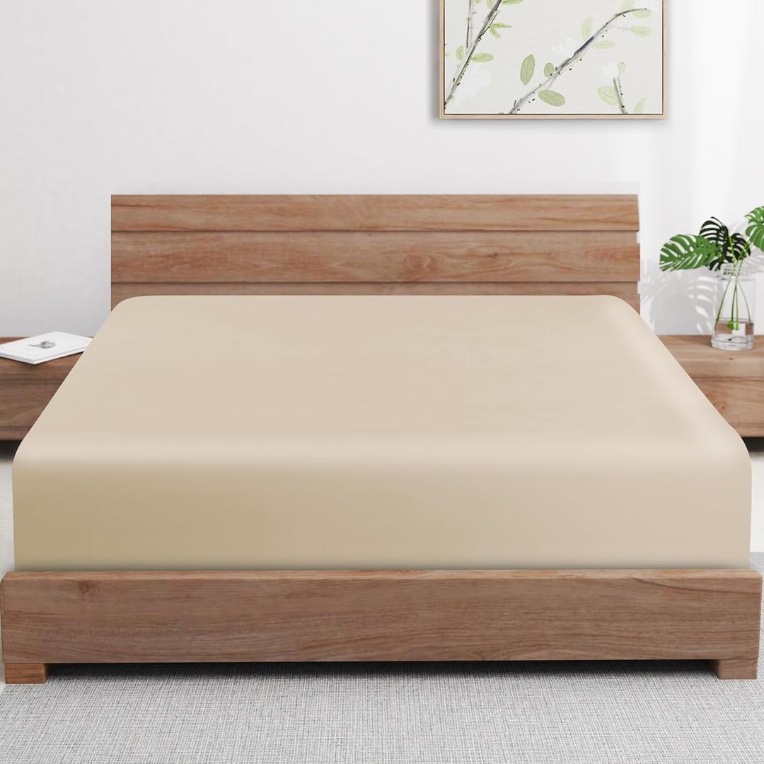 Bamboo Viscose Cooling Fitted Sheet Twin Size Only, 400 Thread Count, 16" Deep Pocket Cooling Bottom Sheets for Hot Sleeper, Silky Soft Breathable (Twin, Beige